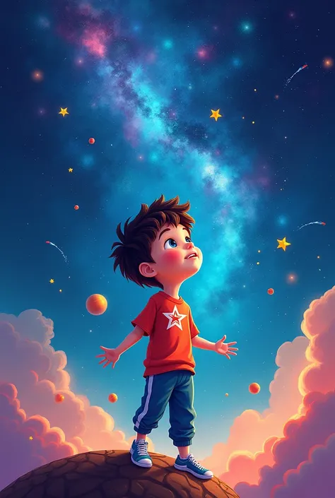 Birthday invitation from a 5 year old with a universe concept Animated  boy with Nike Jogger 