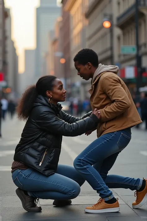 a person protecting another from racism on the streets of a city, the person is on the ground, she is a black woman and the other is white, there is a guy fighting with the black woman, then another woman comes and defends her from racism 