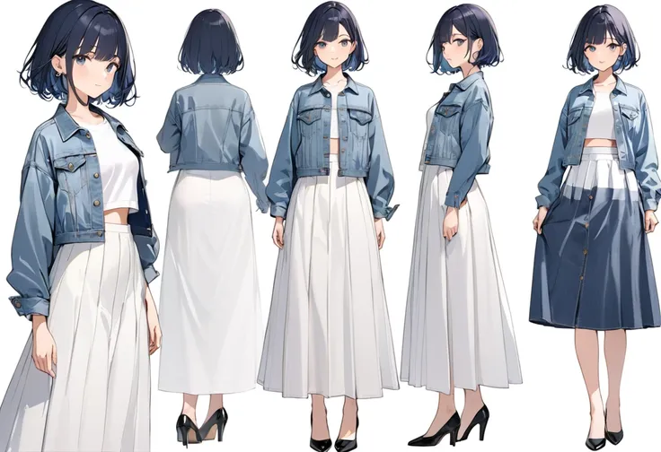 (masterpiece, best quality),(Design sheet:1.4),(multi-angle and detailed view:1.4 ), (girl wearing White cotton cut-and-sew, denim jacket, linen long skirt, pumps), BREAK (16yo,(darkblue hair, wavy-short hair),eyebrows,middle small breasts),(transparent, m...