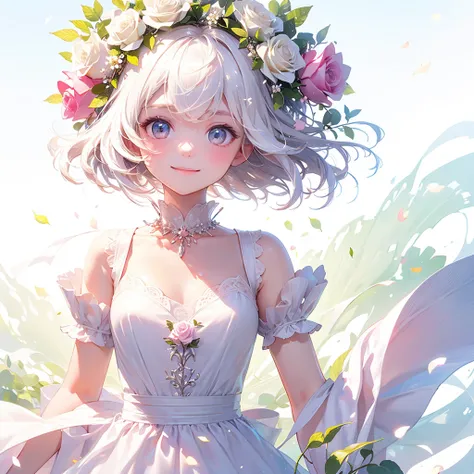 (masterpiece、Best Quality、Best Quality、Beautiful and beautiful:1.2)、(Perfect Anatomy:1.2)、Milky white straight hair girl、Flower Fairy、Rose Fairy,Rose flower,White rose costume、A radiant smile、Shining Eyes、Looking into the camera、Flowers and leaves on head、...