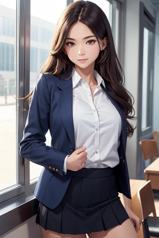 ((Best Quality)), ((masterpiece)), (detailed),Perfect anatomy, Natural Light,In a modern office,Cute woman with a blushing face,Woman with long brown hair,((Best Quality, 8k, masterpiece: 1.3, )),Woman in suit,A well-balanced body is slim，Slim waist body l...