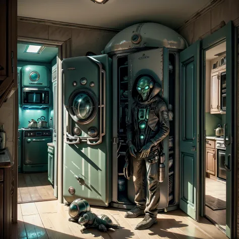 alien invasion from the refrigerator! a small old shabby kitchen full of stuff. in the center of the frame is an open refrigerat...