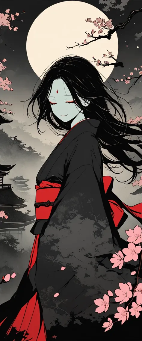 Close your eyes。Long black hair blowing in the wind.。forehead。。smile。Pure white skin。Alone。((Flat Color)),((Calm colors)),The lower half of the body is covered in mist.。Woman floating。darkness。fear。Spooky atmosphere。Japan。Tattered black kimono。night。Red Be...