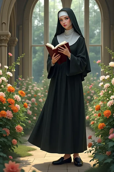 #photo, #realistic, in a flowery church yard, a nun , open leg, Book in hand, mule shoes, green eye, 