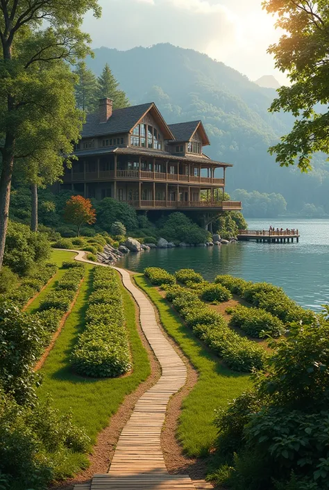 Build me a big house by a lake with a deck over the lake in a massive green garden that is used to grown fruits and vegetables
