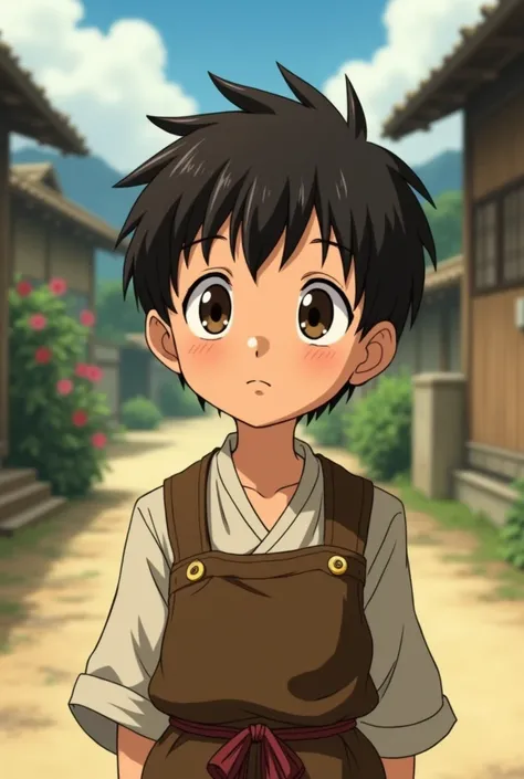 A  male child with short, very dark brown hair, with dark brown eyes, and a peasant outfit, Studio Ghibli style