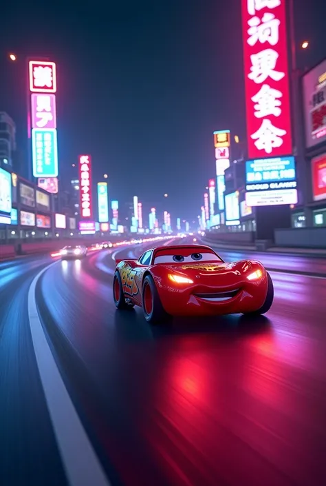 Flash Mcqueen qui roule sur la route la nuit avec des néons 