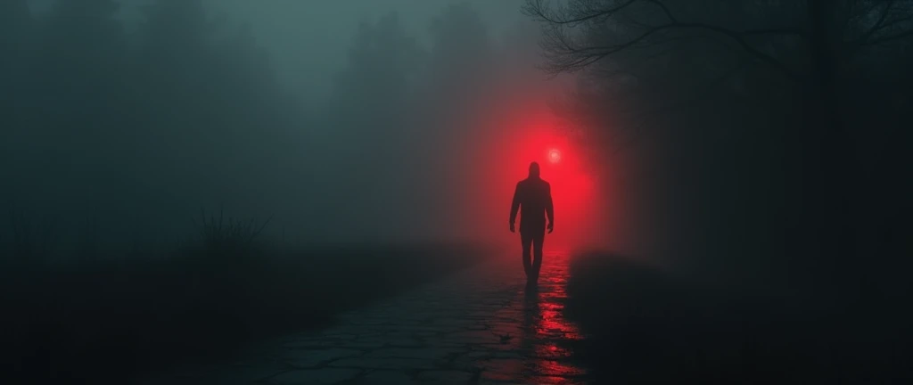 dark black wallpaper. a little red light is visible in the fog, a man walk 