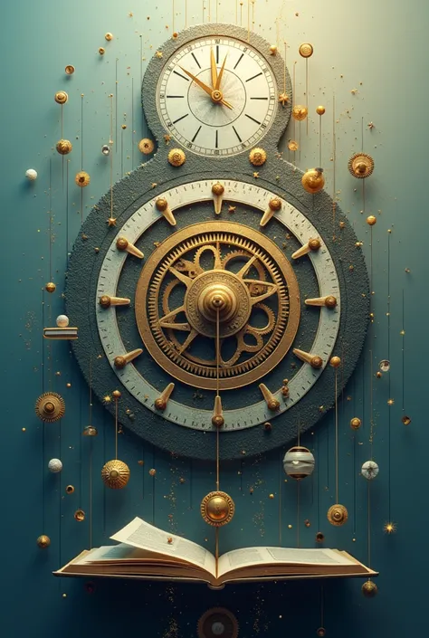 In cinematic view An abstract representation of time management. A clock with gears, surrounded by books, tasks, and calendars. The background is a gradient with soft blue and gold tones, symbolizing focus and productivity.

