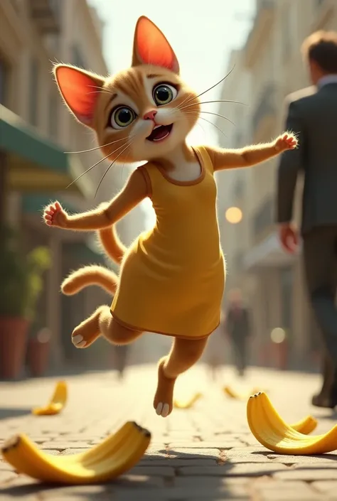 A cat with a lady-like figure walks confidently in a sleek dress, only to slip on a banana peel, her arms flailing gracefully as she falls backward, her tail curling in surprise.she is crying ,