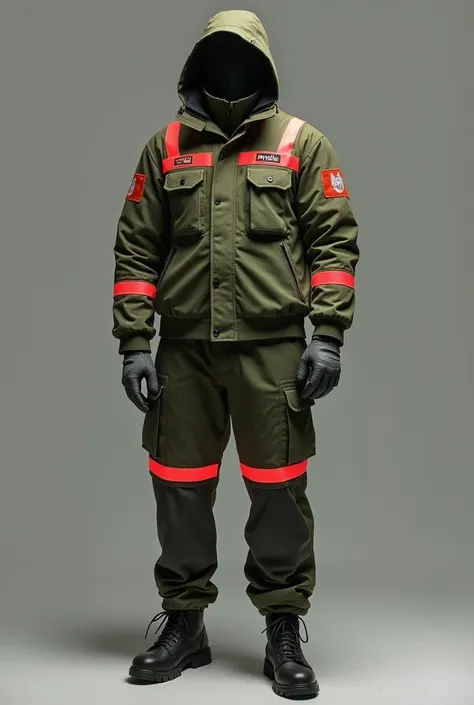 Men&#39;s four-pocket thin rescue clothing with logos and signs .The color of the dress is rich olive green and phosphorescent and red 