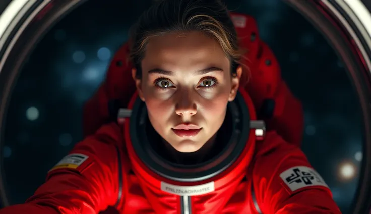 A female astronaut in a red suit with light eyes, close to the camera, ultrarealistic, 4k hd, floating in space, looking at the camera