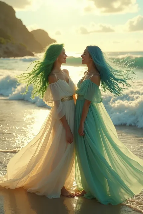 a girl with flowing green hair and a girl with long blue hair, godesses of wind and sea, laughing together on a peaceful sandy shore, ocean waves crashing in the background, warm sunlight glowing, shimmering water, wispy clouds, detailed and realistic, cin...