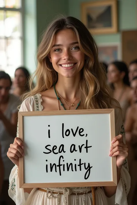 Beautiful girl with wavy long hair，Wearing a bohemian dress，Holding a whiteboard with the words &quot;I Love SeaArt Infinity&quot;，and show the audience