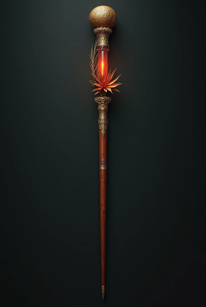 I want a wand more or less like this with a phoenix feather core, Brazilwood wood with scratch details on the stick, gold details on the handle with a more rounded part and at the bottom of the handle I want a small bromeliad carved in cherry wood with a r...