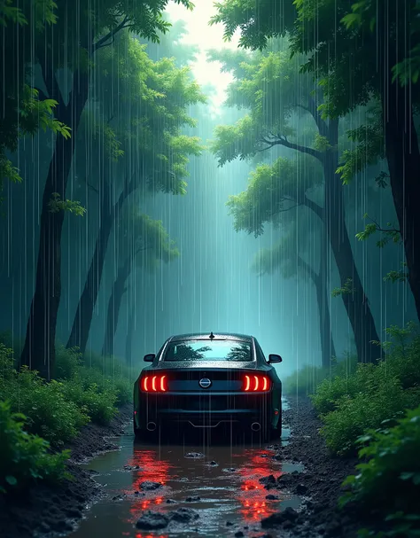 Create a detailed anime-style illustration of a In the heart of a lush, dense forest, a rainstorm unfolds. Thick drops of rain cascade down through the canopy of towering trees, creating a symphony of water against leaves. The forest, teeming with vibrant ...