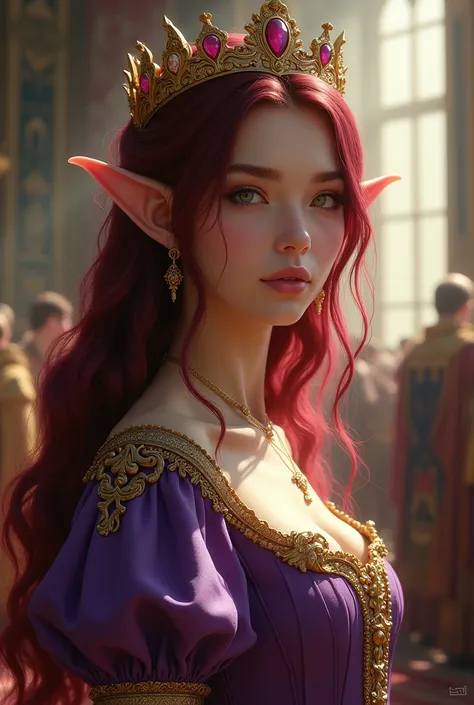 Young woman with long wine hair and green eyes, Pointed ears, with crown on the head, purple and gold medieval dress, in a medieval castle full of people during the day