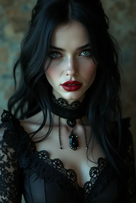 a beautiful woman with long dark hair, gothic dress, sexy gothic look, dark makeup, pale skin, red lips, piercing eyes, detailed facial features, ornate jewelry, black lace, dark victorian fashion, moody lighting, dramatic shadows, dark and mysterious aest...