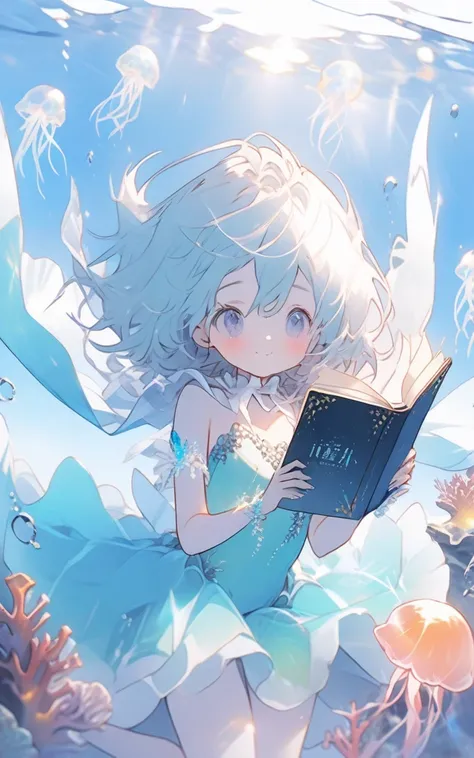 "Miniature Mermaids Underwater Library"
プロンプト: Cute mini mermaid reading in a coral reef library, books made of seashells, glowing jellyfish lamps, pastel ocean colors, soft ethereal underwater lighting, delicate sea life details, magical ocean sparkles