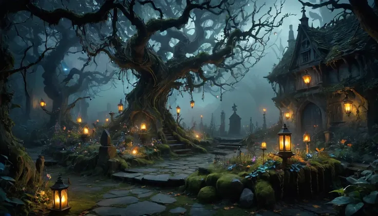 a witches garden at night time, 3d A rustic, old-world witch house night time dark outside, spooky, magical, The creepy garden is a dark, enchanting wilderness where twisted, gnarled trees loom overhead, their branches draped in eerie, glowing moss. The gr...