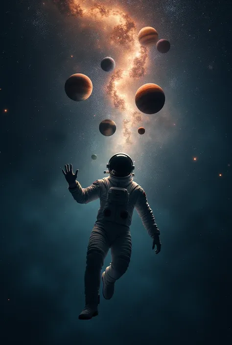 cold, Boundless space. Astronaut juggles planets of the solar system. The Milky Way pours out of his hand. 