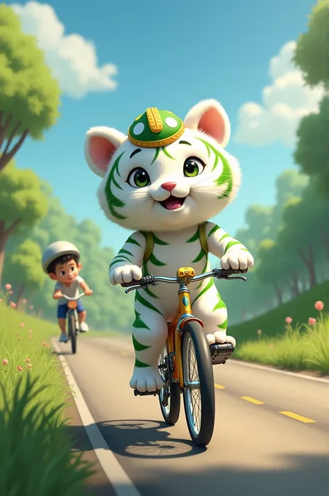 A cute whute with green tiger riding a bike in the road in front of human being 