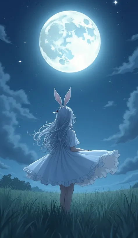 Under the full moon and stars、A woman wearing rabbit earrings is looking up at the moon、Her long silver hair and white silk dress fluttering in the wind、The moonlight shines on her, creating a mysterious world of grasslands.