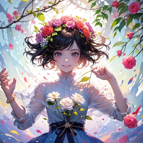 (masterpiece、Best Quality、Best Quality、Beautiful and beautiful:1.2)、Excellent anatomy、（Watercolor painting 1.5）、Composition looking up from a low position、Drawing of a girl with straight short hair、Beautiful Smile、Rose Flower Fairy,Rose flower,Flower Fairy...