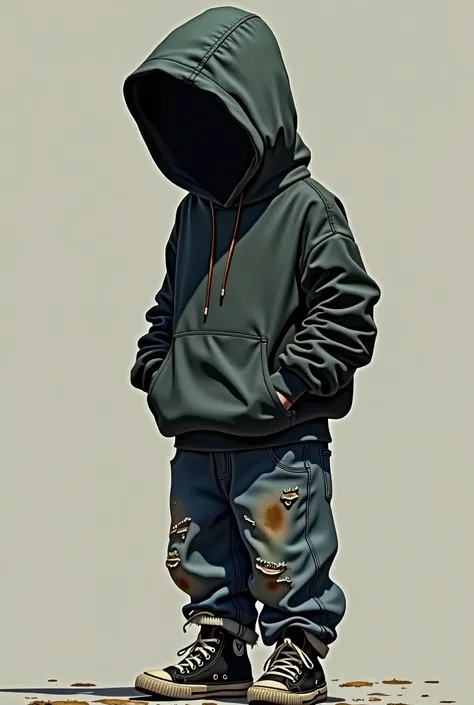 boy in baggy clothes, hat covering his face, sneakers visible, shoulders raised with hands in pockets