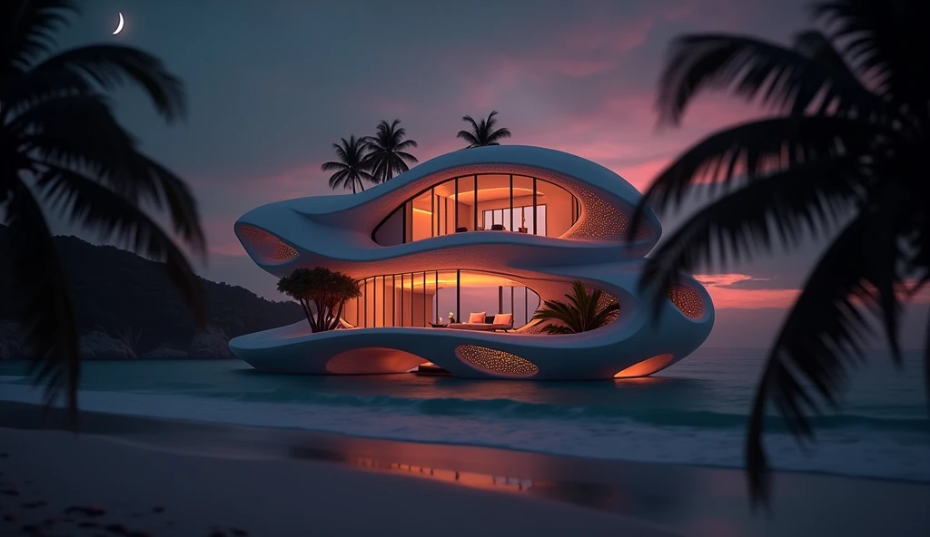 a futuristic multi-level house, at sunset, on the beach, palm trees, cresent moon. cgsocietywlop, beautiful curves, intricate devilish designs, qualia, interesting shapes & form, wow factor, elaborate polished, architectural rendering, miami, bioluminescen...