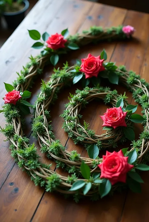 A whip made of vines, flowers, and roses
The whip is coiled and laid out on a table