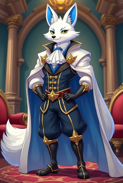 Male white fox with blue details on the fur, something muscular, anthropomorphic, Furry Style, dressed in elegant clothes and cape in a medieval salon, cartoon style