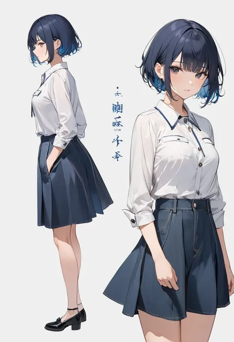 (masterpiece, best quality),(Design sheet:1.4),(multi-angle and detailed view:1.4 ),Anime character setting material collection,  (girl wearing White cotton cut-and-sew, denim jacket, linen long skirt, pumps), BREAK (16yo,detailed face,(darkblue hair, wavy...