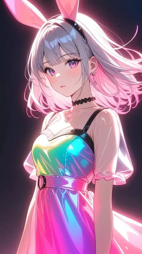 One girl, Medium Hair,  silver hair, Pink long dress, pink Bunny ears , She has large expressive pink eyes,Backlight, Black Light, Beautiful fine details, Beautiful lip detail, Beautifully detailed face, Long eyelashes, Glowing Skin, Mysterious, Mysterious...