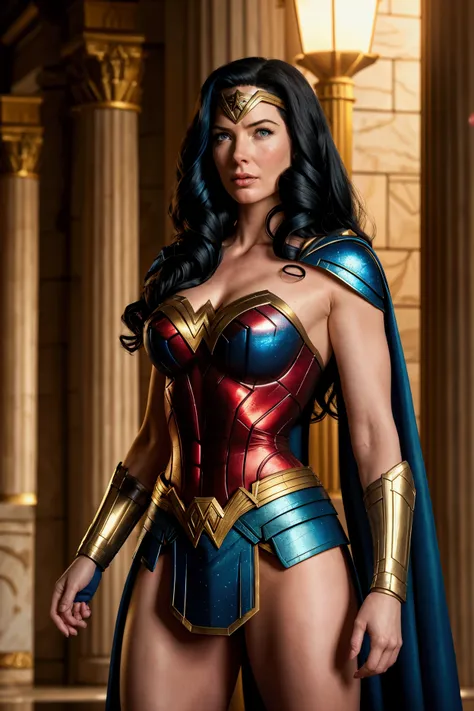  BEAUTIFUL BOMBSHELL BRIDGET REGAN AS WONDER WOMAN (( DC COMICS)), HUGE LONG BLACK HAIR, HIGH CHEEKBONES, ROSY CHEEKS, EYES LOOKING TO CAMERA, LOOKING TO VIEWERS, SERIOUS FACE EXPRESSION,  NORSE FEMALE BEAUTY, PALE SKIN, TRADITIONAL BLUE RED COSTUME, EXPOS...