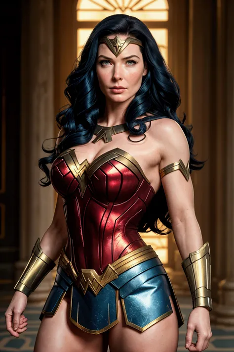  BEAUTIFUL BOMBSHELL BRIDGET REGAN AS WONDER WOMAN (( DC COMICS)), HUGE LONG BLACK HAIR, HIGH CHEEKBONES, ROSY CHEEKS, EYES LOOKING TO CAMERA, LOOKING TO VIEWERS, SERIOUS FACE EXPRESSION,  NORSE FEMALE BEAUTY, PALE SKIN, TRADITIONAL BLUE RED COSTUME, EXPOS...