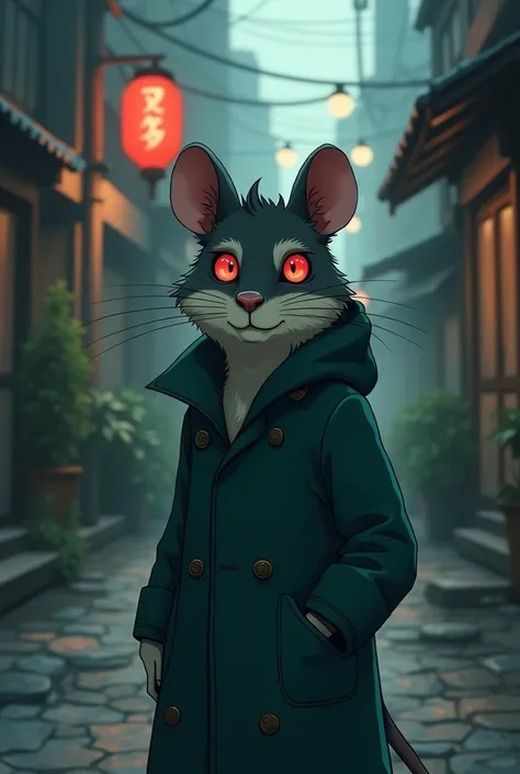 Stylized Anime artwork, 135mm+ focal length, furry, male, rat, street, long dark green trench coat, detailed digital acrylic painting, color graded,  studio ghibli, highly detailed, red eyes, clear eyes, two-tone fur, dark fur.