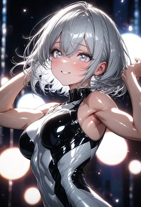 masterpiece, perfect quality, ambient lights, cute, full body detailed, 32K, high details, perfect lighting, perfect anatomy, soft light, BREAK ((shiny silver hair)), bob cut, bang between eyes, beautiful hair), (glossy silver eyes:1.5), (beautiful eyes, t...