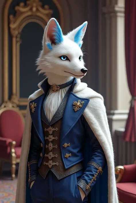 Male white fox with blue details on the fur, anthropomorphic, Furry Style, dressed in elegant clothes and cape in a medieval salon, semi-realistic profile style