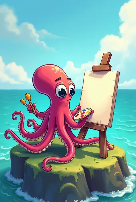 A cartoon octopus with large cartoon eyes holding paint brushes and palette in front of a blank canvas on a rock in the middle of the ocean