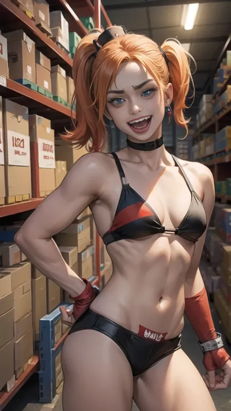 (solo women:1.5),(Harley Quinn:1.3),black bikini,full_shot,(angry:1.2),evil,(cam:1.3),(blood stain Abrasions:1.2),(angry:1.2),fighting,(open mouth:1.5),smile,masculine,medium_shot,(smile:1.3),(open mouth:1.5),(ต่อสู้:1.5) ,(warehouse:1.5),(ปืน:1.5)