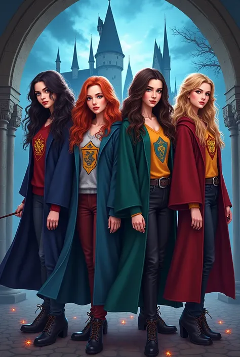 4 female friends in Hogwarts in different houses in poster