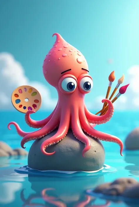 A 3d cartoon squid with large cartoon eyes holding paint brushes and palette in front of a blank canvas on a rock in the middle of the ocean