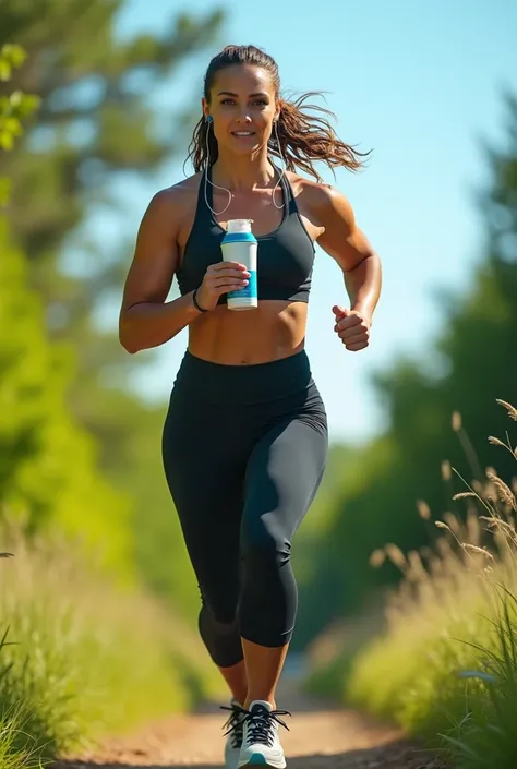 Create an advertising poster for sports supplements, leaving a space above to enter a text and showing a strong and athletic woman showing the power that the sports supplement gives her, but realistic, The person should be in a park jogging, listening to m...