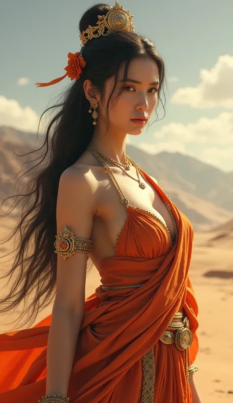 wallpaper，desert，Indian female bodhisattva，Sexy，Standing，Monk&#39;s robe，Dunhuang style，Chest Cover，Huge plump breasts，Deep cleavage，HD