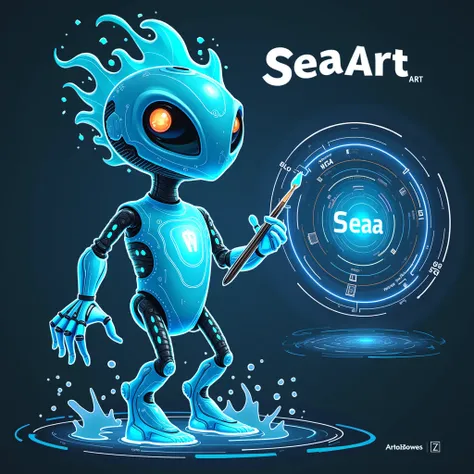 Design a unique cartoon mascot character named &quot;ArtWave&quot;，Represents a futuristic AI art platform called &quot;SeaArt&quot;。The character has a flowing liquid body made of holographic light waves，A fusion of organic and mechanical elements，Resembl...