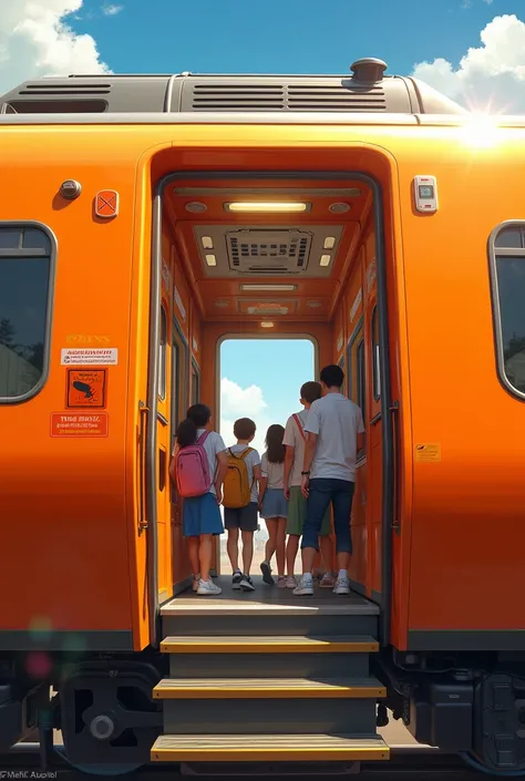 create an orange train opening the entrance to welcome passengers, who are students. show the large space insides the train
