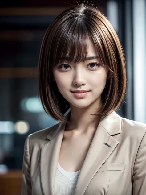 Best Quality, Realistic, Very detailed, finely, High resolution, 8k, Cinema Lighting, 1 person, Beautiful Japanese Woman, Age 30, Light brown straight bob hair, Wear a business suit, (Blurred Background, Office, noon, Sunshine), Sharp focus, Perfect dynami...