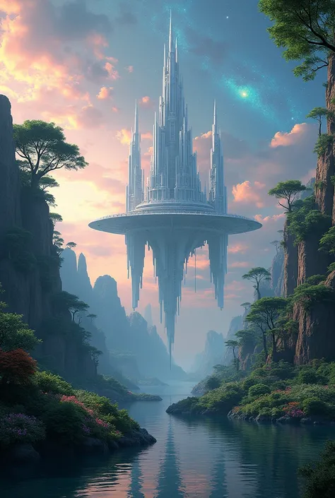 
"Create an ethereal landscape where a floating futuristic city merges with elements of nature. The city’s architecture should blend sleek, metallic towers with organic forms like vines and trees, glowing softly in the twilight. In the foreground, a reflec...