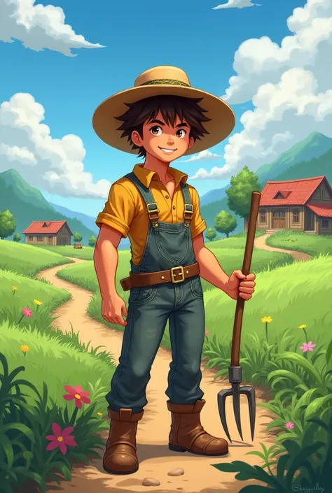 Create a drawing of a male anime character, farmer with a farm hat